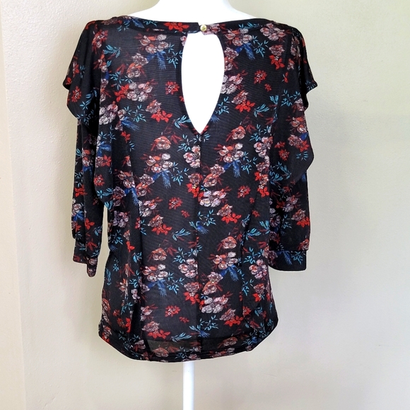 Free People Blouse Black Floral Dock Street Comb Ruffle Women's Small Shirt Top - Picture 6 of 13
